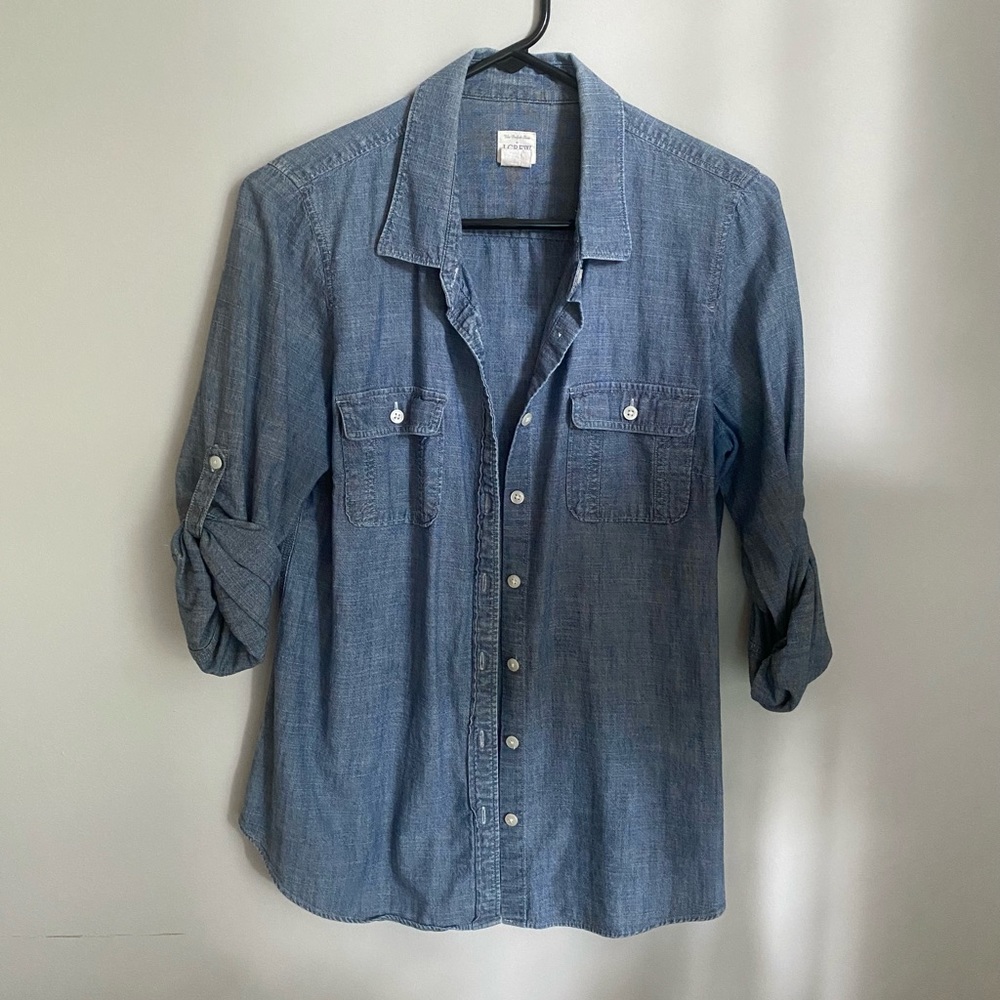 J Crew size medium chambray blue button down shirt